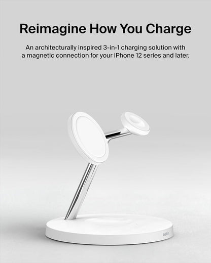 Belkin MagSafe Charger, 3-in-1 Wireless Charging Stand, 2ND GEN, 33% Faster for Apple Watch, iPhone 16, iPhone 15, iPhone 14 Series, AirPods - MagSafe Charging Station for Multiple Devices - White