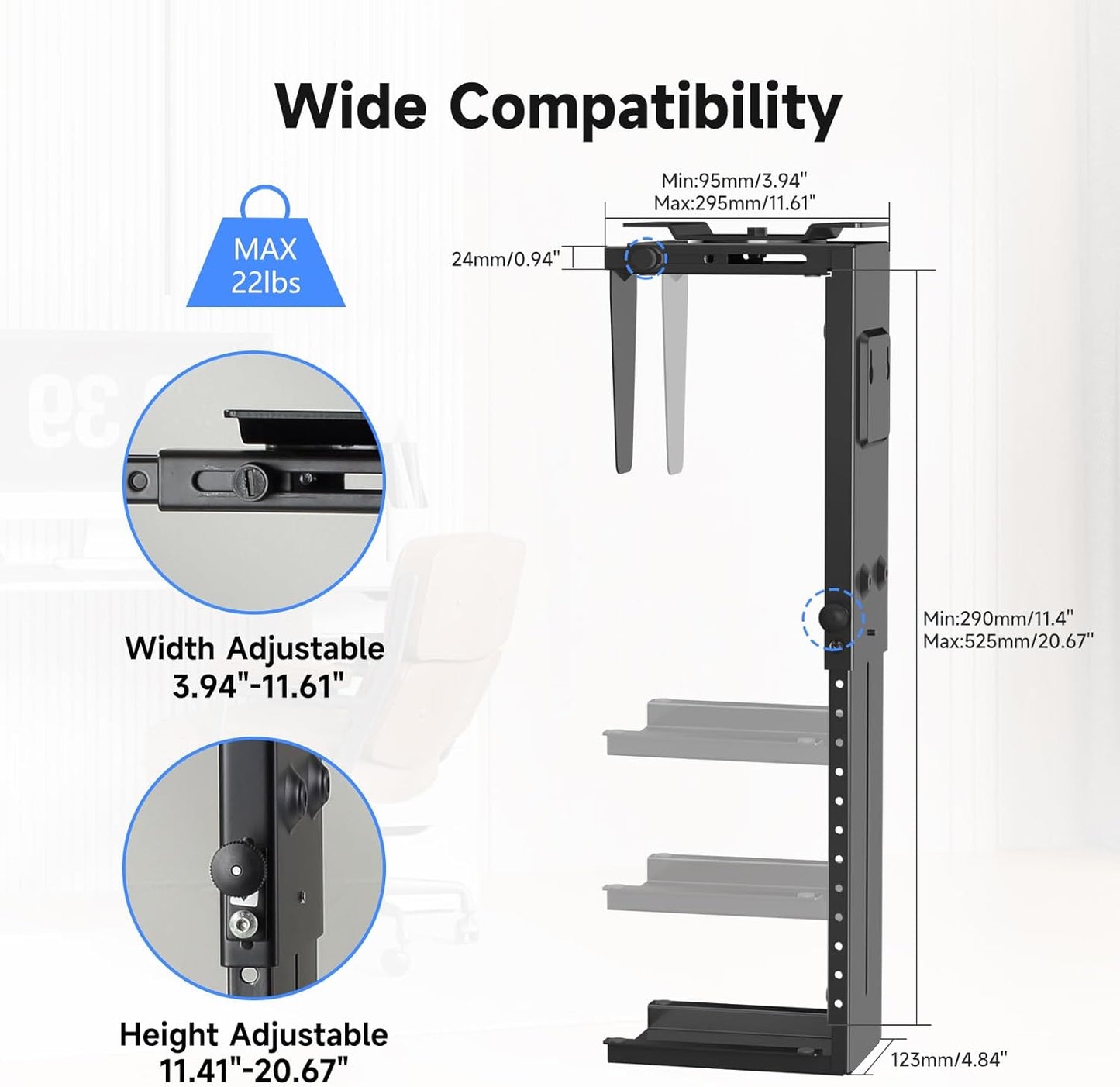 Suptek Adjustable Under Desk and Wall PC Mount,3.94 to 11.61 inch Wide Computer Case CPU Hanger Holder 360 Degree Rotatable Under-Desk PC Hanging Stand Holder Mount (ZJJ001L)