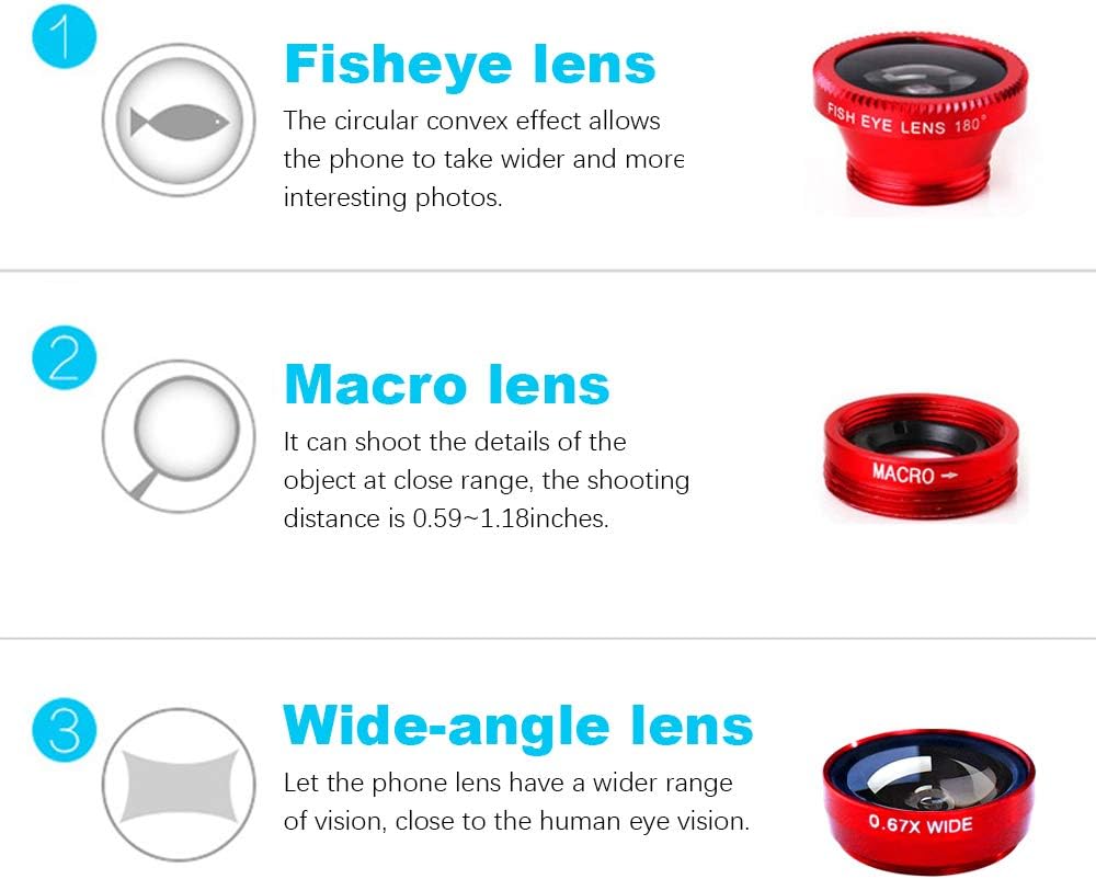 3 in 1 Cell Phone Camera Lens Kit Wide Angle Macro Fisheye Lens Universal for Smart Phones iPhone Samsung Android(Red)