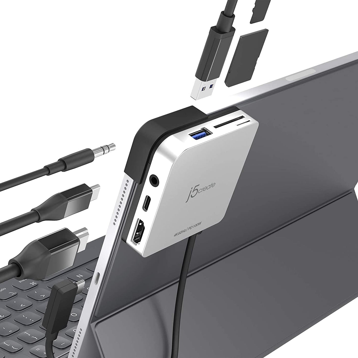 j5create iPad Pro USB C Hub- 6-in-1 Travel Dock for iPad Pro 12.9”/11”, with 4K@60Hz HDMI, USB C PD Charging 100W & Data, USB A 3.1, SD and microSD Card Reader, 3.5mm Headphone Jack (JCD612)