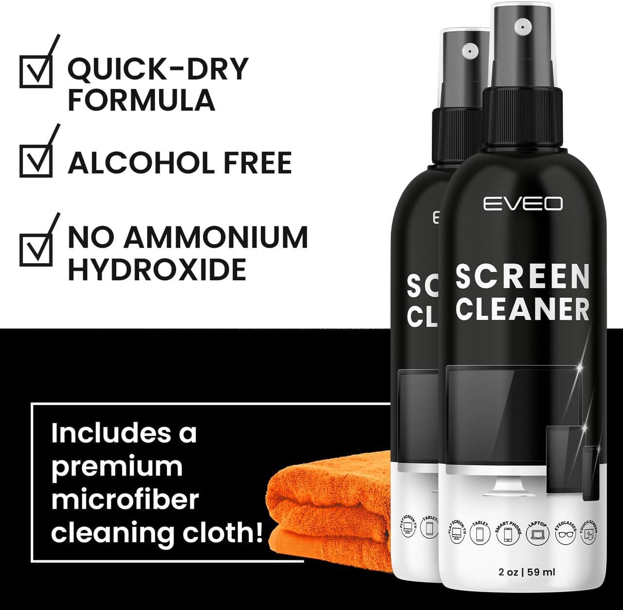 Screen Cleaner Spray - TV Screen Cleaner Spray and Microfiber Cloth kit, Computer Screen Cleaner & Car Screen Cleaner for TV, Monitor, Laptop, MacBook, iPad, iPhone and Electronic Devices - 2 Pack