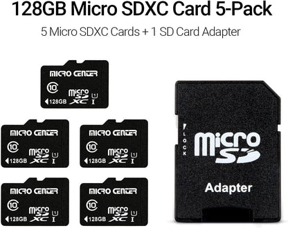 Micro Center 128GB Class 10 MicroSDXC Flash Memory Card with Adapter for Mobile Device Storage Phone, Tablet, Drone & Full HD Video Recording - 80MB/s UHS-I, C10, U1 (5 Pack)