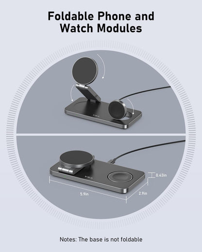 VBA 3 in 1 Wireless Charging Station for Apple MagSafe Charger,Foldable Fast Charging Magnetic Wireless Charger Stand,Travel Charger for iPhone 16 15 14 13 12,Apple Watch,AirPods Pro(Black)