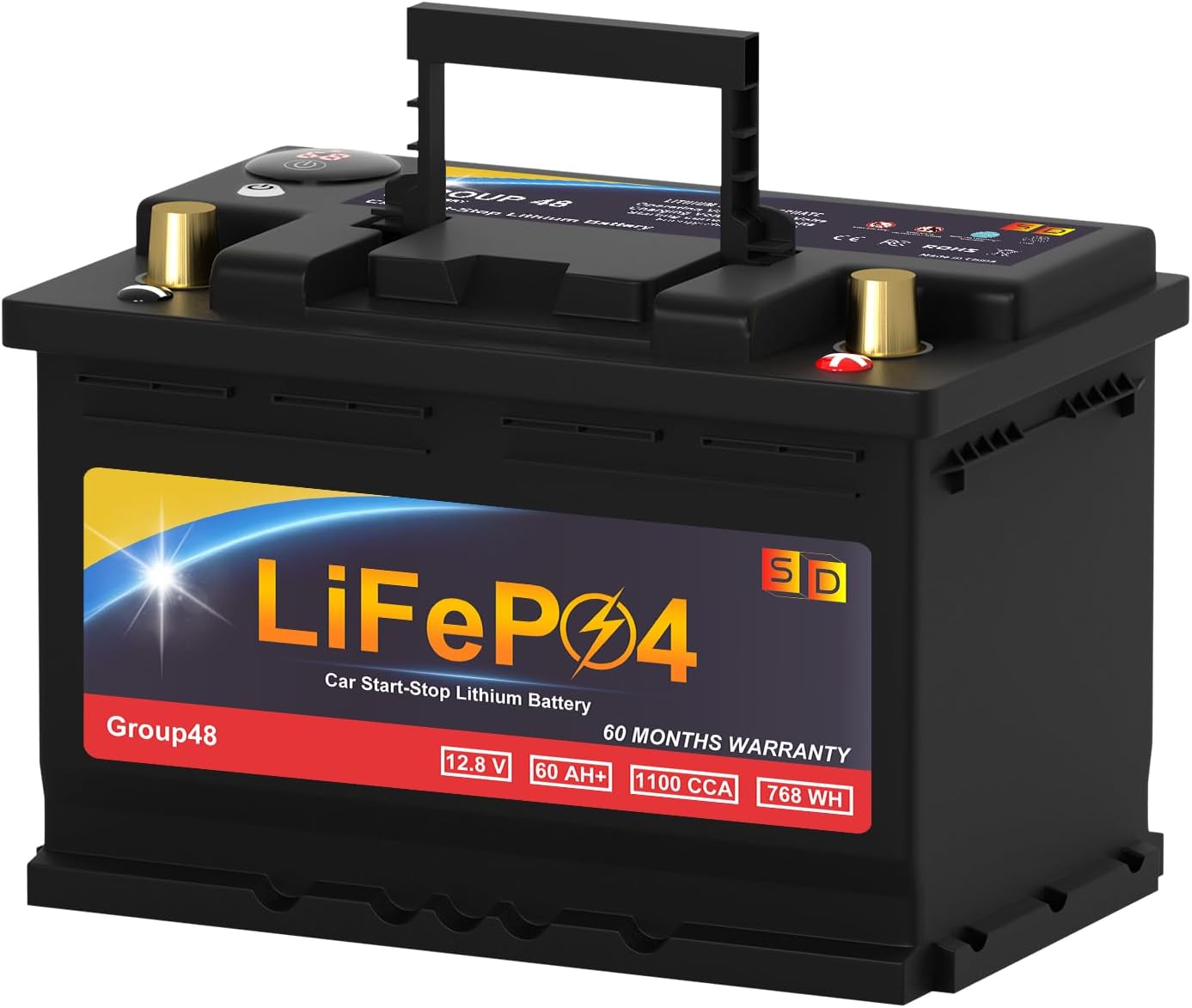 Lithium Start-Stop Car Battery GROUP 48, 12.8V 60Ah 1100CCA LiFePO4 Automotive Battery For Car, With LED Display and Emergency Start Button 60 Months Warranty