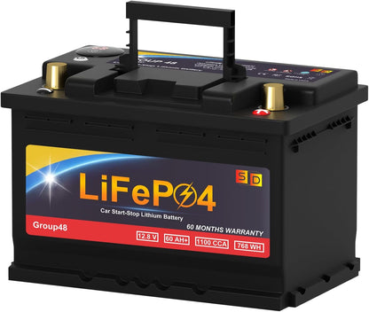 Lithium Start-Stop Car Battery GROUP 48, 12.8V 60Ah 1100CCA LiFePO4 Automotive Battery For Car, With LED Display and Emergency Start Button 60 Months Warranty