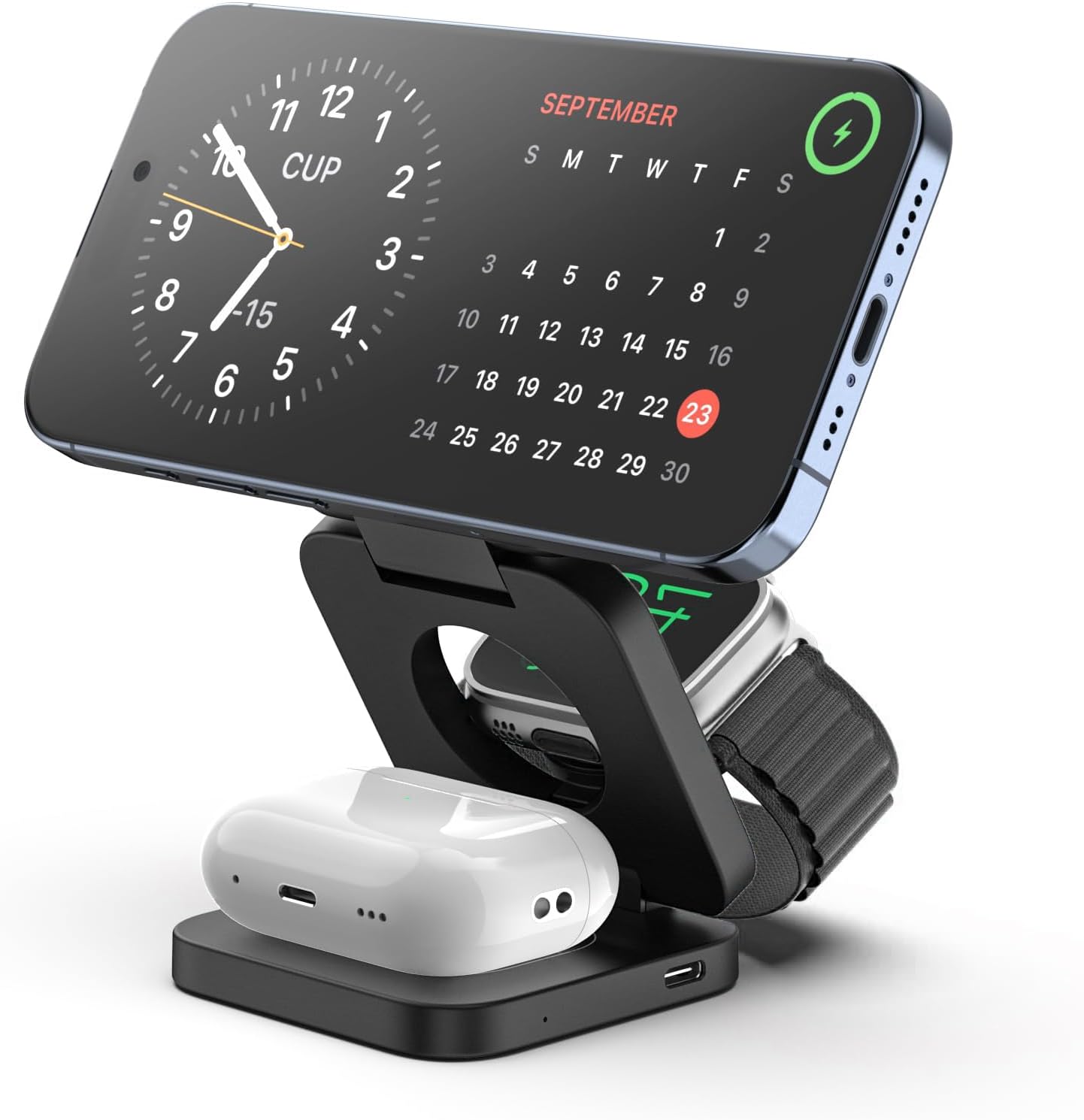 Fast Wireless Charger, Magnetic Foldable 3 in 1 Charging Station for iPhone 16/15/14/13/12/Pro/Plus/Pro Max, 5W Portable Charger for Apple Watch10/9/8/7/6/5/4/3/SE, for Airpods3/2/Pro-Black
