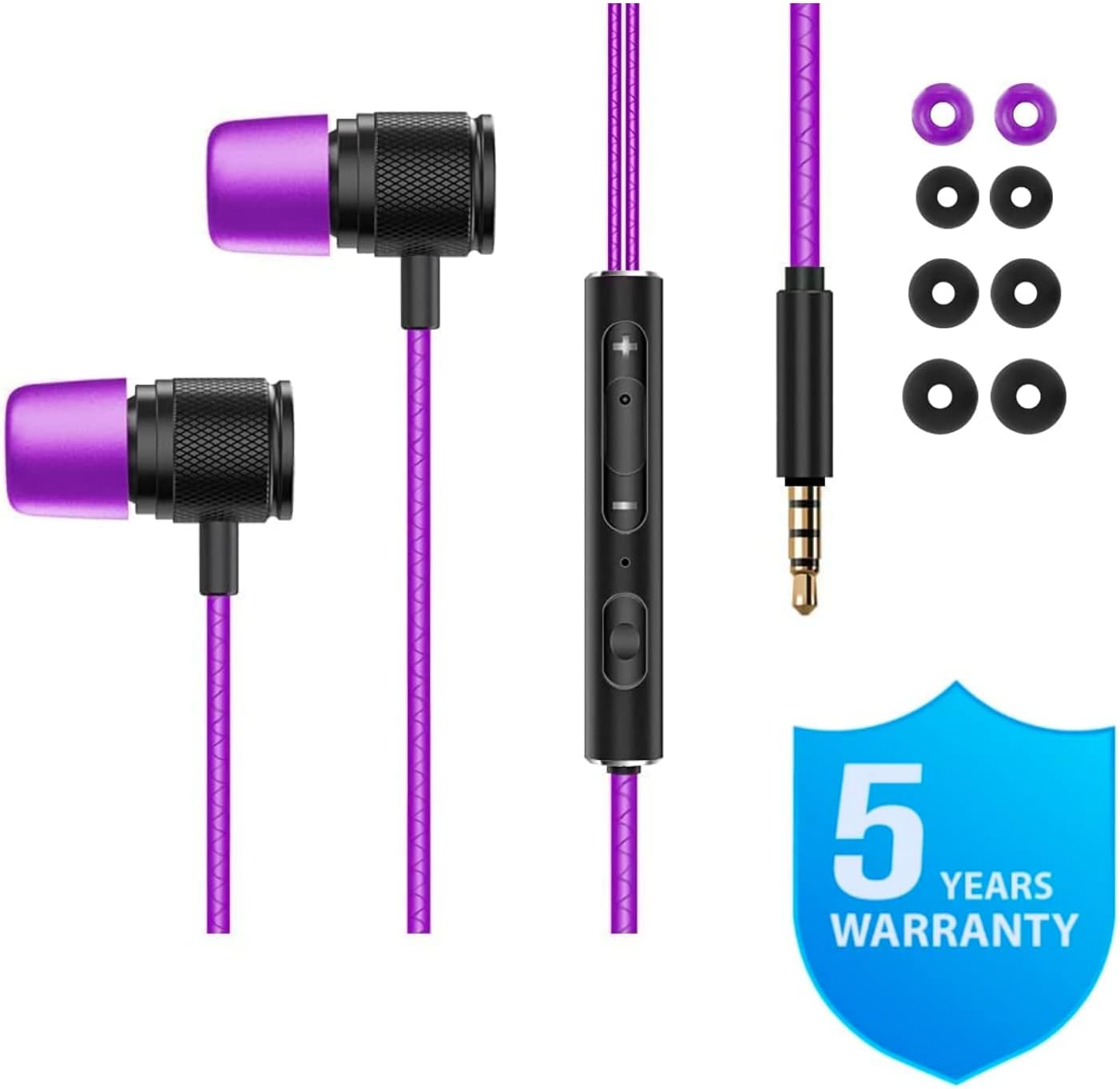 LUDOS Ultra Wired Earbuds in-Ear Headphones, 5 Years Warranty, Earphones with Microphone, Noise Isolating Ear Buds, Memory Foam for iPhone, Samsung, School Students, Kids, Women, Small Ears - Purple