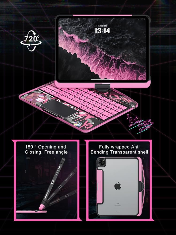 KARTICE Case with Wireless Keyboard Compatible with iPad 10th 2022 10.9 inch, Multi-Touch Trackpad, 7 Color Backlight, 360° Rotating Stand with Pencil Holder for 10th, Excludes iPad and Pencil