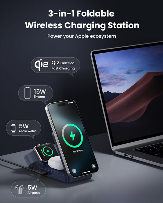 3-in-1 Wireless Charger Charging Station for iPhone, Qi2 Certified 15W Fast Charging Foldable Magnetic Charger Stand with 30W USB C Adapter for MagSafe iPhone 16/15/14/13/12, Apple Watch, AirPods