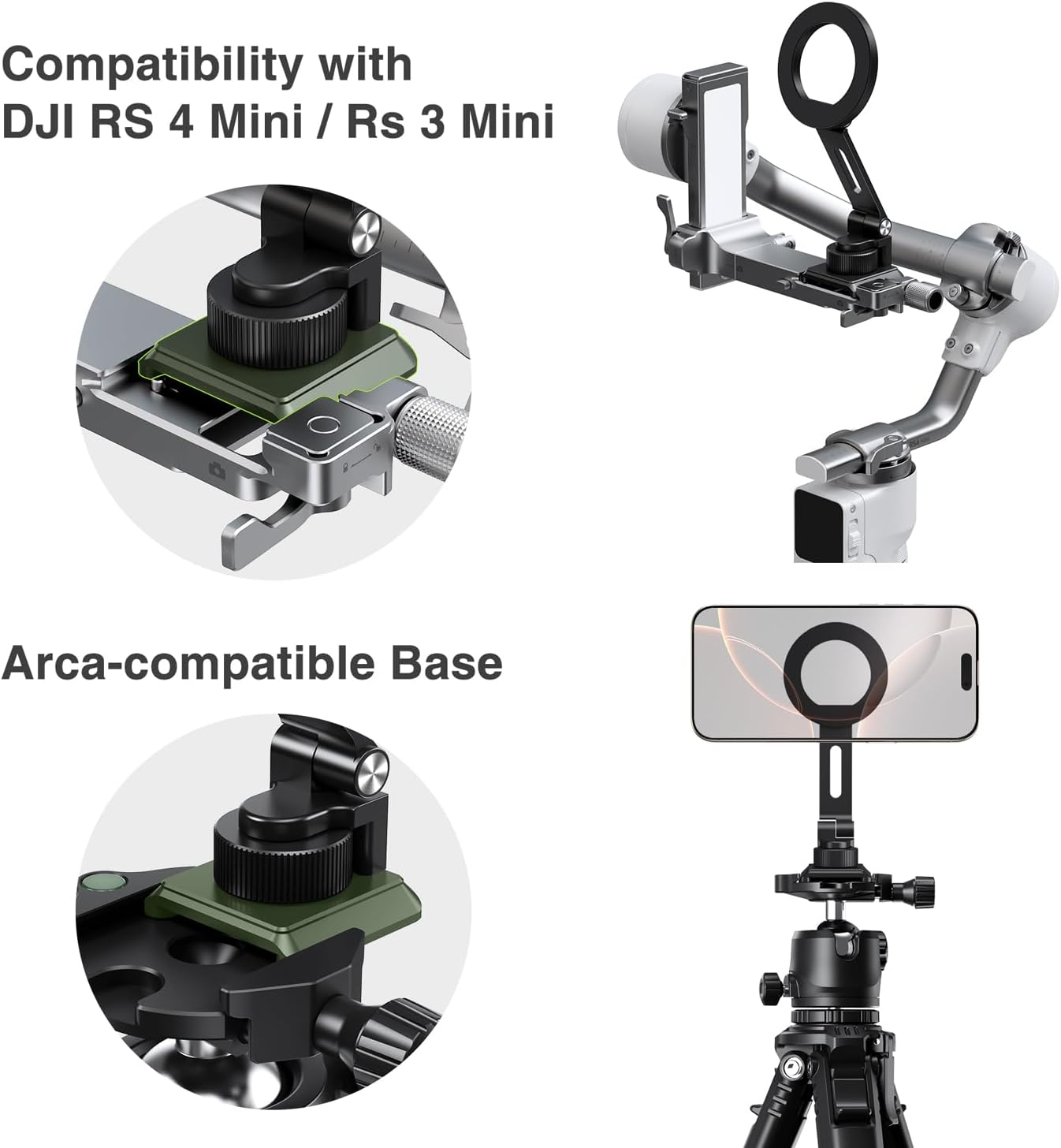 elitehood Aluminum Tripod Phone Mount Adapter for DJI RS 4 Mini, Magnetic Smartphone Tripod Mount with Arca-Standard & Hot Shoe Plate for Camera, Cold Shoe Phone Mount Fit iPhone 16 15 14 Series