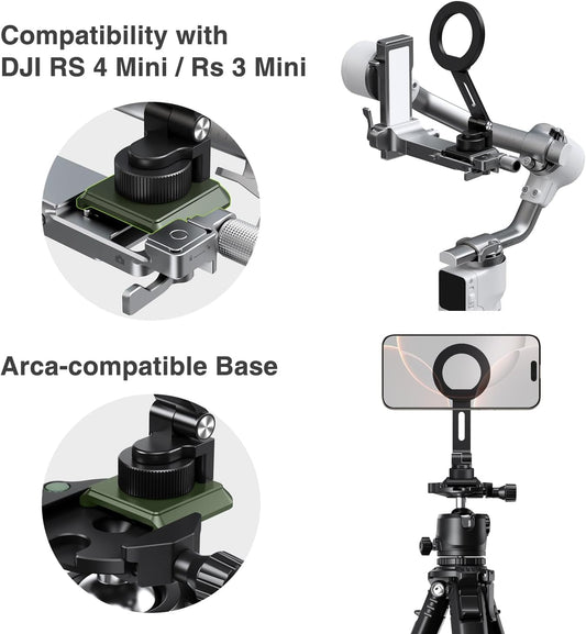 elitehood Aluminum Tripod Phone Mount Adapter for DJI RS 4 Mini, Magnetic Smartphone Tripod Mount with Arca-Standard & Hot Shoe Plate for Camera, Cold Shoe Phone Mount Fit iPhone 16 15 14 Series