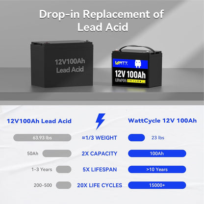 12V 100Ah LiFePO4 Lithium Battery - BCI Group 24, 15000 Cycles, Built-in 100A BMS, Low-Temperature Protection - Ideal for RVs, Golf Cart, Home Energy Storage, Boats and Marine Applications