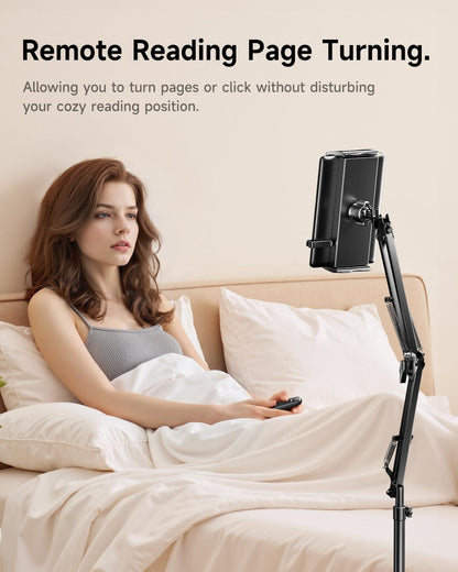 Floor Stand for Kindle with Remote Page Turner, Holder Stand for Reading in Bed with Clicker – for Kindle Paperwhite, Oasis,Tablet, iPhone and More 4.7-11 inch, Black Remote