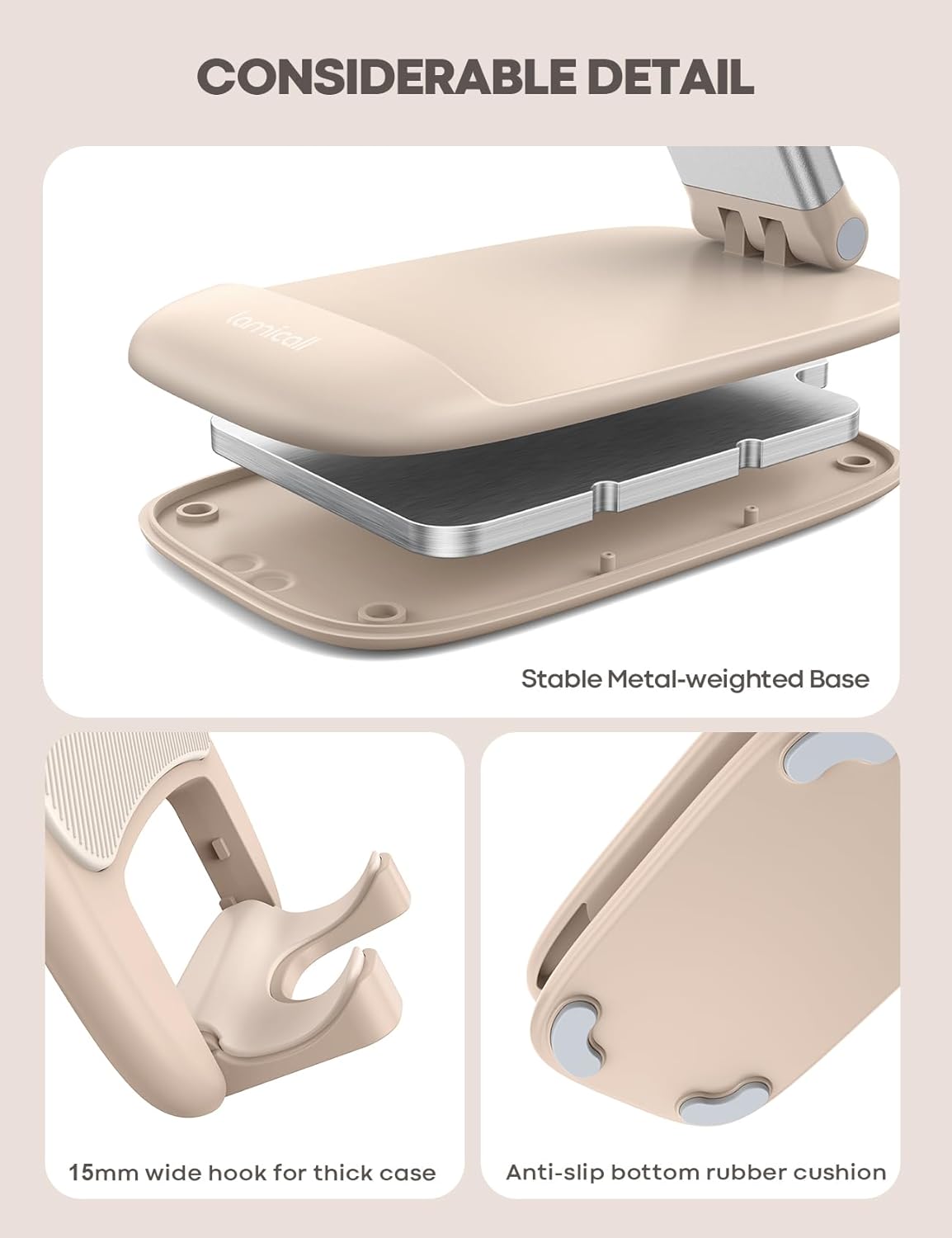 Lamicall Khaki Phone Stand for Desk - Cell Phone Holder Khaki Desk Accessories Desktop Office Must Have Compatible with iPhone, 4-8'' Smartphone