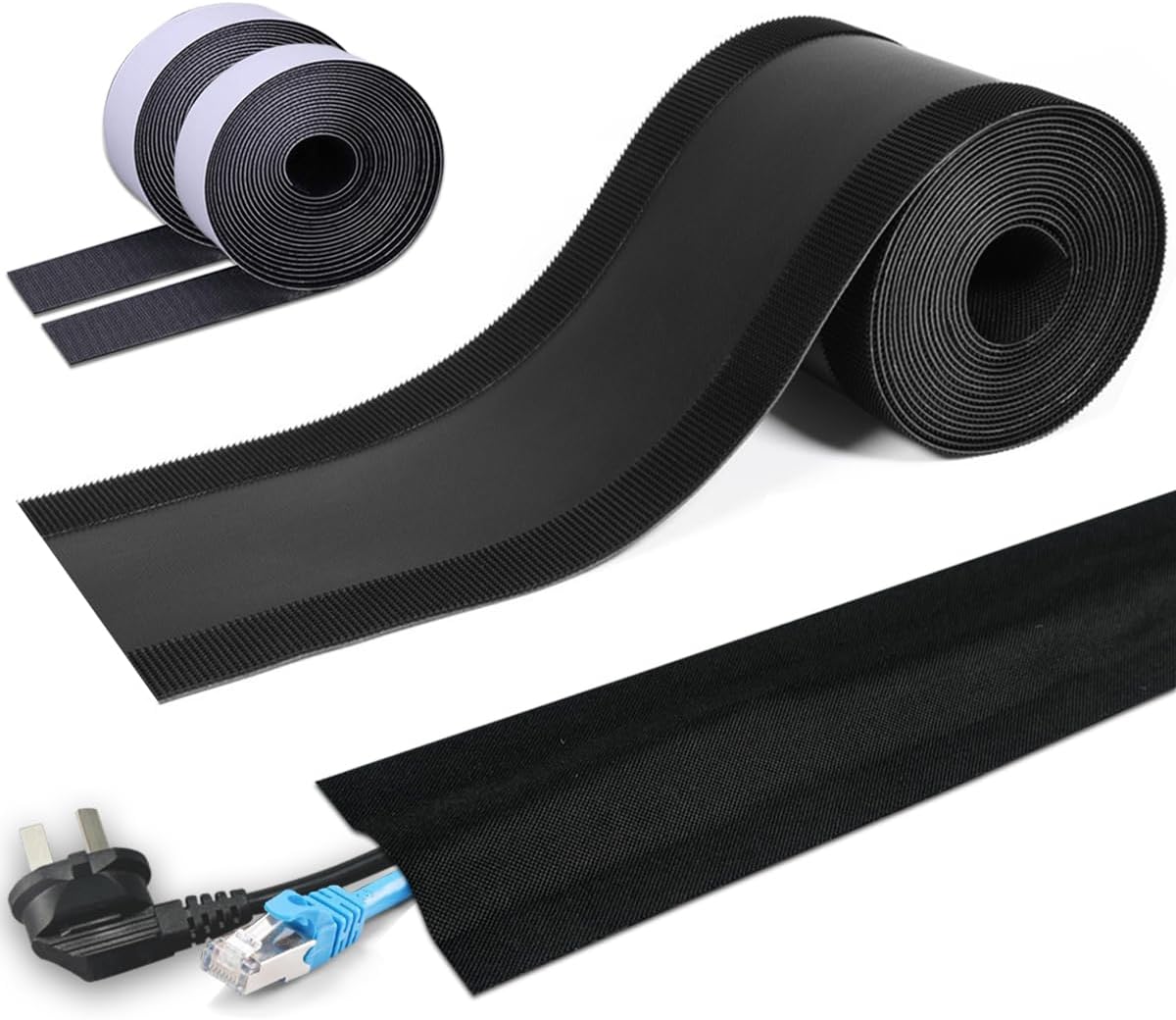 Floor Cable Covers - 10ft Oxford Fabric Cord Protector with Adhesive Hook & Loop,Waterproof Wire Storage Sleeve for Any Floor Surface,Durable Cable Management to Prevent Tripping Hazards (Black, 10ft)