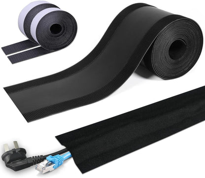 Floor Cable Covers - 10ft Oxford Fabric Cord Protector with Adhesive Hook & Loop,Waterproof Wire Storage Sleeve for Any Floor Surface,Durable Cable Management to Prevent Tripping Hazards (Black, 10ft)