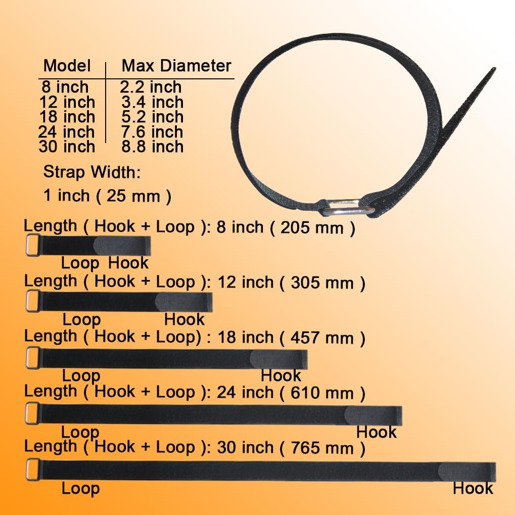 8"12"18"24"30" Hook and Loop Fastening Cable Strap - 30 Pack Reusable Nylon Extend Securing Strap - Adjustable Cinch Strap with Buckle
