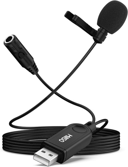 MillSO USB Lavalier Microphone with Headphone Jack Omnidirectional External Lapel USB PC Microphone for Computer, Laptop, YouTube, Meeting, Recording, Podcasting, Gaming - 2M/6.5FT