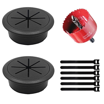 2 Pack Desk Grommet 2 Inch (50 mm), Desk Hole Cover for Cables, Black Desk Cord Hole Cover for Office Home Table, Cable Grommet with 1 Hole Saw Drill Attachment & 6 Cable Ties
