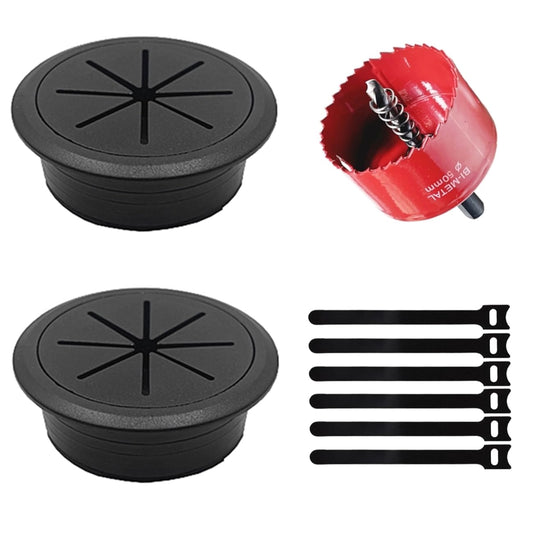 2 Pack Desk Grommet 2 Inch (50 mm), Desk Hole Cover for Cables, Black Desk Cord Hole Cover for Office Home Table, Cable Grommet with 1 Hole Saw Drill Attachment & 6 Cable Ties