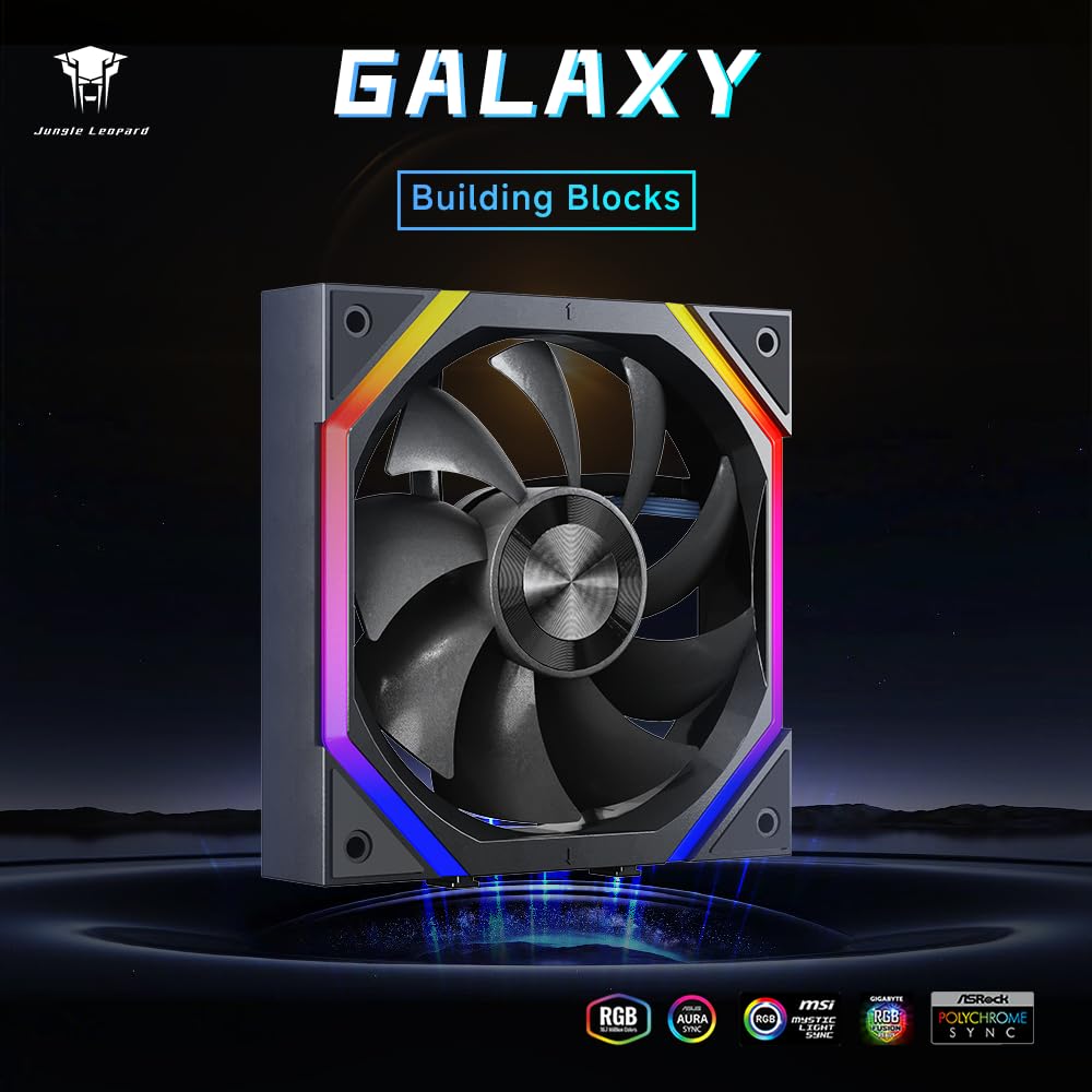 Jungle Leopard Galaxy 120mm PC Reverse Blade Case Fans, ARGB and PWM Cooling Fan PC, Axle Core Double Ring CD Pattern Module Computer Fans, Daisy-Chain 5V RGB Fan (Black 3 Pack)