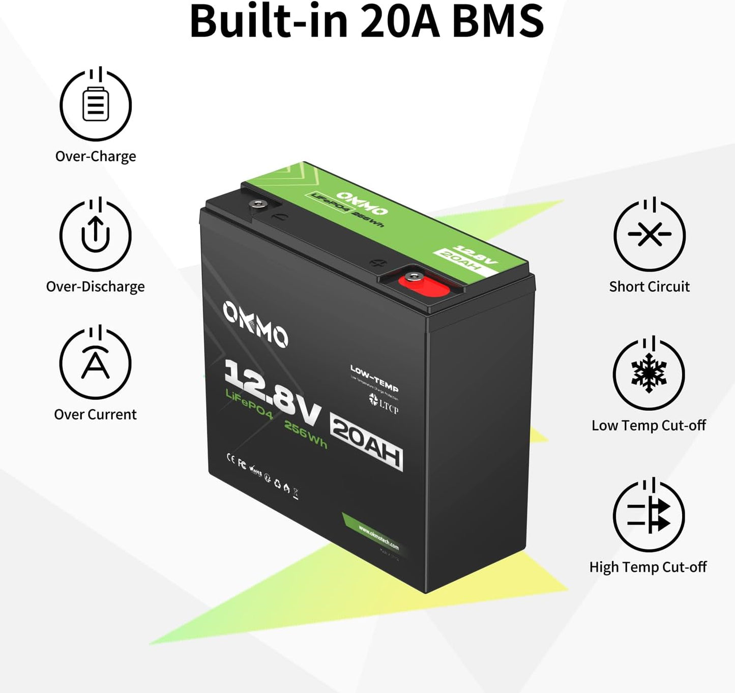 12V 20Ah Lithium LiFePO4 Battery, 4000+ Deep Cycles Rechargeable Battery for Kayak Fish Finder, Power Wheels Toys, Scooter