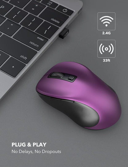 Trueque Wireless Mouse for Laptop, 2.4GHz Ergonomic Computer Mouse with Back & Forward Buttons, 3 Adjustable DPI Levels, 6 Buttons, Optical USB Cordless Mice for Windows Chromebook MacBook PC (Purple)