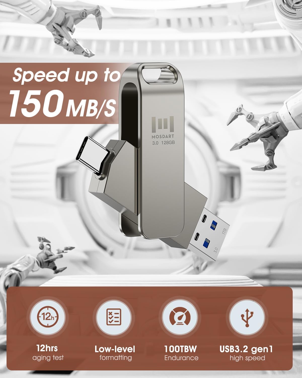 MOSDART 128GB USB3.1 Fast Speed C and A Dual Flash Drive, exFAT Memory Stick with Keychain Loop, for iPhone 15 and 16, Android Phone, iPad, MacBook, Silver