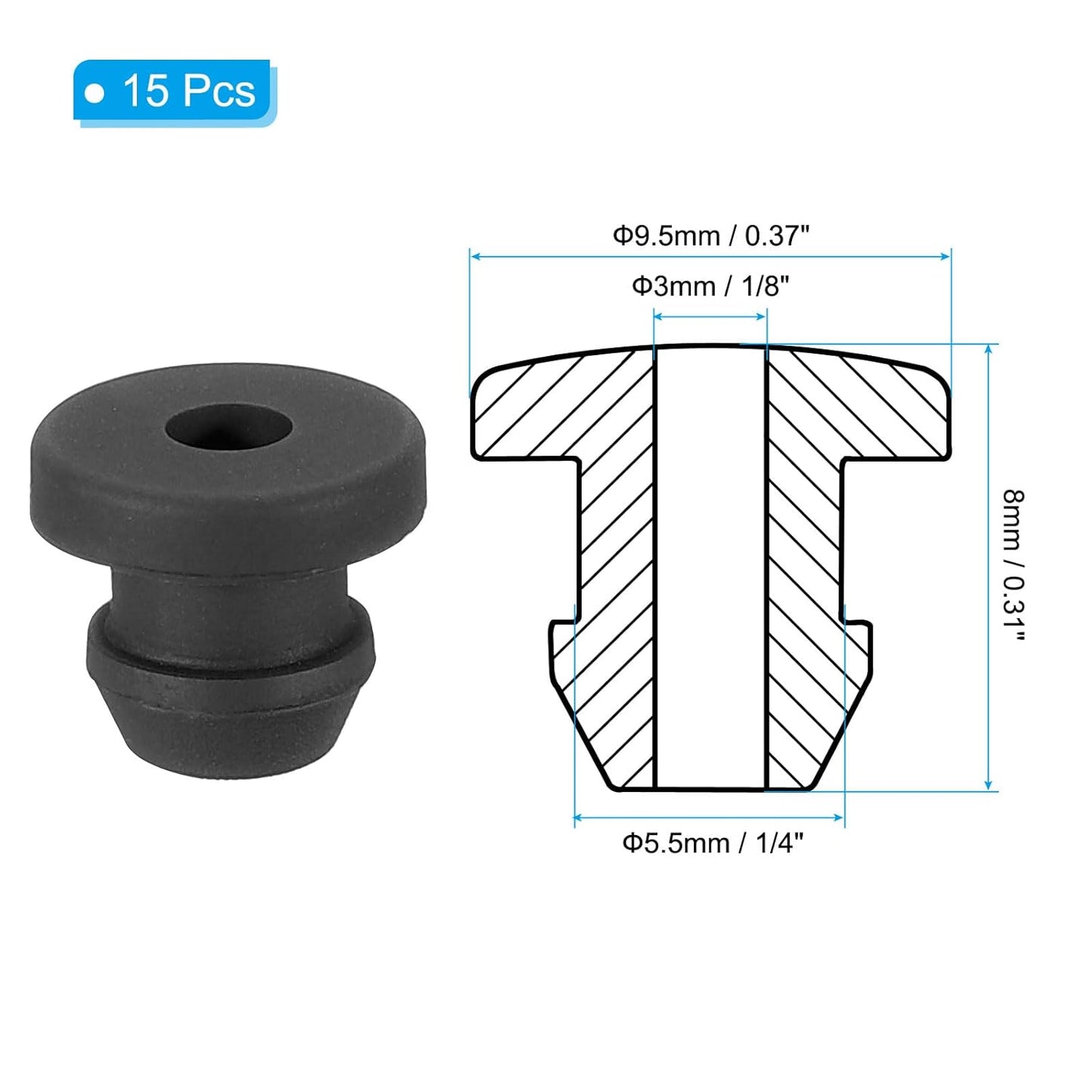 PATIKIL 5.5mm / 1/4 Inch Drill Hole,1/8 Inch ID Rubber Grommets, 15Pcs Top Hat Grommet for Wiring Eyelet Ring Gasket Automotive Firewall Cable Hole Plugs Wires Protection, Black