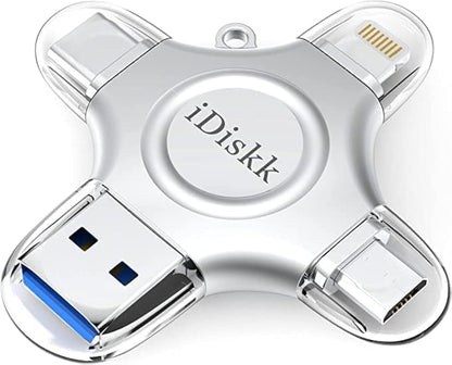 MFi Certified iDiskk 128GB Flash Drive for iPhone 17 16 iPad USB 3.0 Lightning Drive 4 in 1 Multi Functional External Storage for iOS and Android Samsung Phones Type c Devices and MacBook Photo Drive