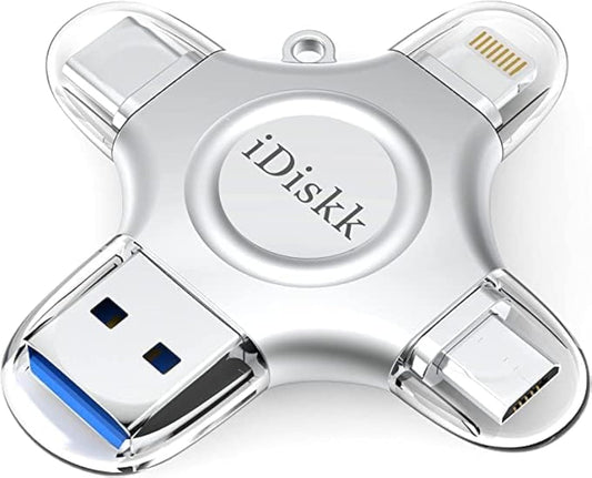 MFi Certified iDiskk 128GB Flash Drive for iPhone 17 16 iPad USB 3.0 Lightning Drive 4 in 1 Multi Functional External Storage for iOS and Android Samsung Phones Type c Devices and MacBook Photo Drive