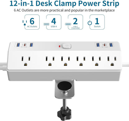 40W Fast Charging Station, Desk Clamp Power Strip, JXGUCAT Removable Desk Clamp Mount Power Strip Surge Protector, 2 USB-C Ports, 6 AC Outlets and 10ft Cord, Fits 1.8" Tabletop Edge