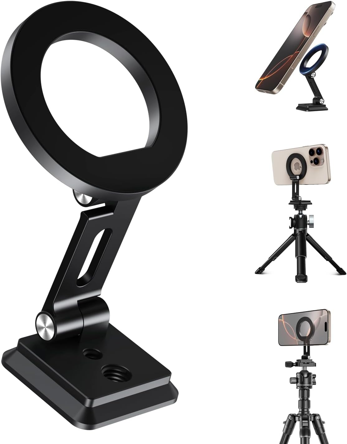 elitehood for Magsafe Phone Tripod Mount with Arca Port, Aluminum Magnetic iPhone Tripod Mount with 1/4" & 3/8" Screw, for Magsafe Phone Adapter Compatible with iPhone 16 15 14 13 12 Series, Black