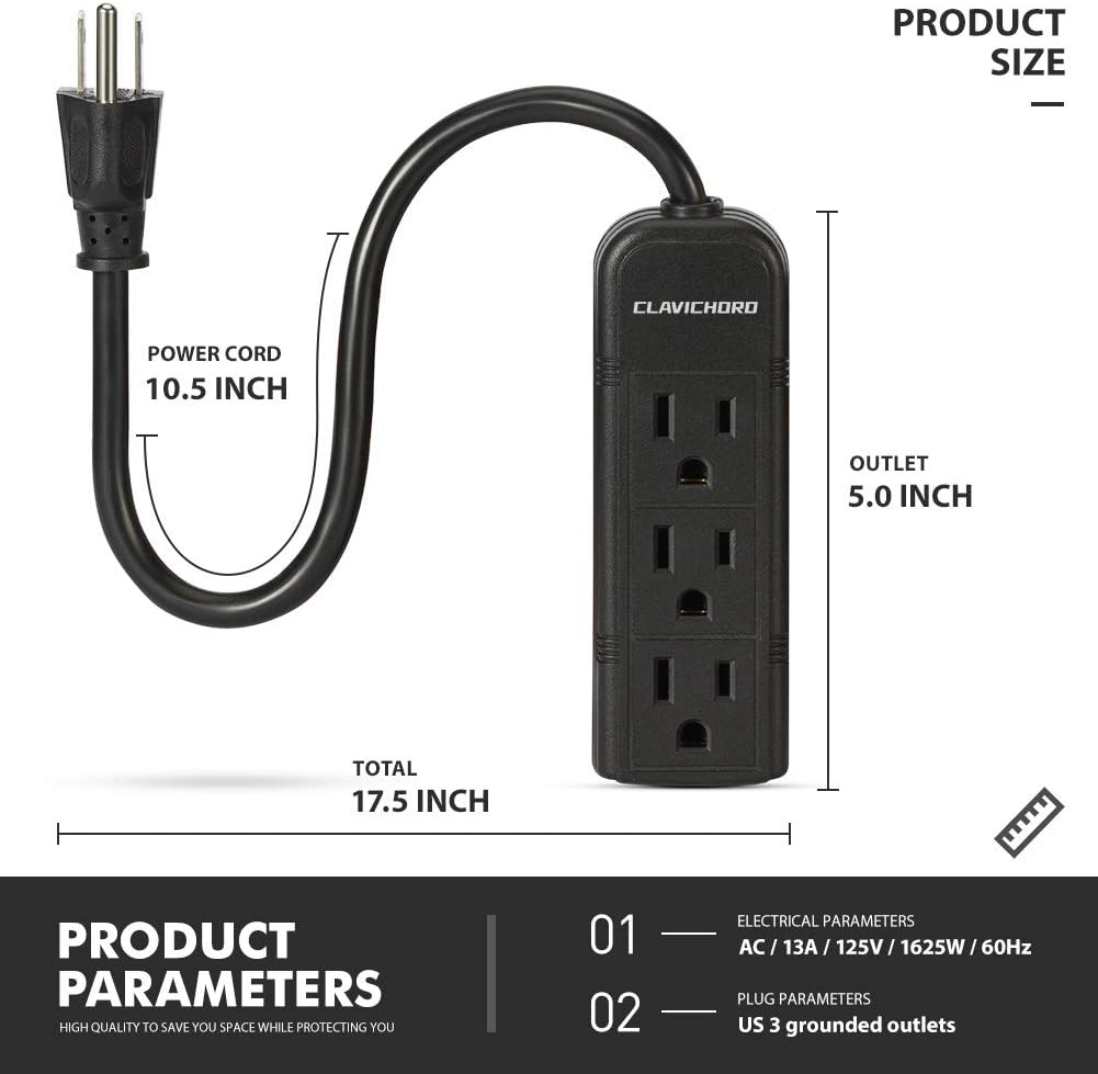 Power Strip with Flat Plug - 3 Ground Outlets 7 Inch Heavy Duty Braided Extension Cord Flat Plug Mountable Outlet Strip for Computer/Home/Office