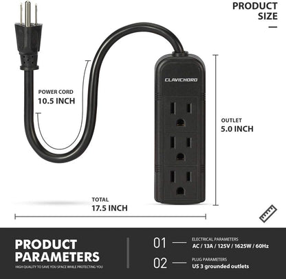Power Strip with Flat Plug - 3 Ground Outlets 7 Inch Heavy Duty Braided Extension Cord Flat Plug Mountable Outlet Strip for Computer/Home/Office
