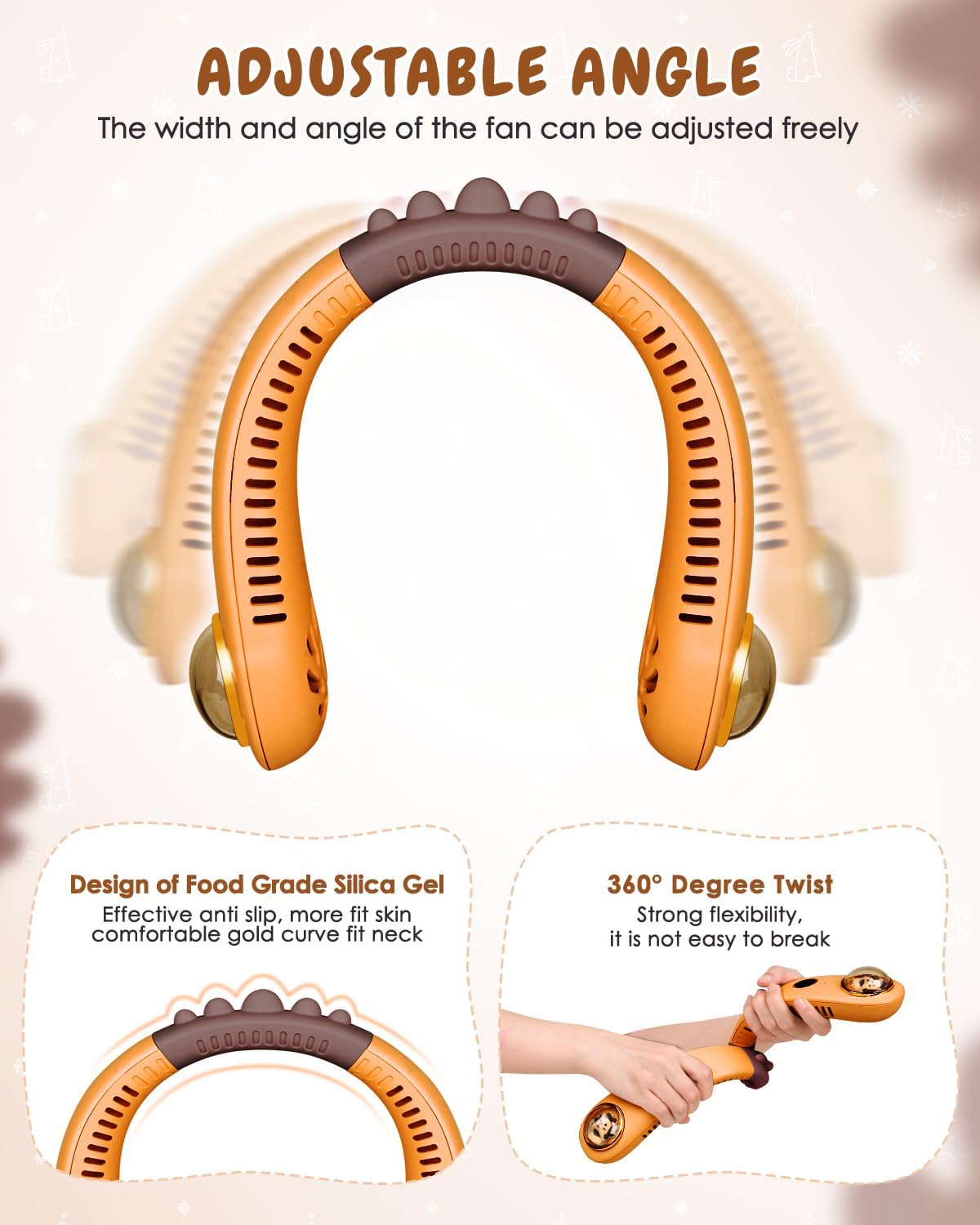 Neck Fan for Kids,Bladeless Portable Fan Rechargeable for 4-14Y Girls & Boys, 2400mAh USB Personal Cooling Mini Fan Rechargeable for Travel/Disney/Camping, 3 Speeds, Summer Essentials(Orange)