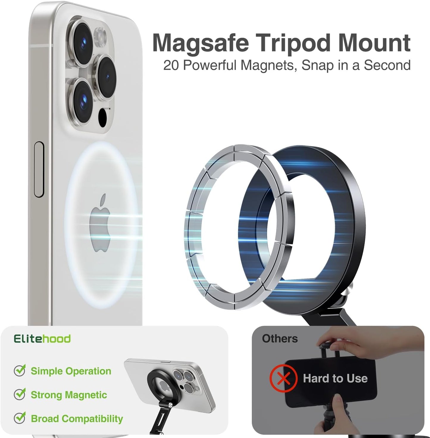 elitehood Aluminum Magsafe iPhone Tripod Mount with Arca Port, Magnetic Phone Mount for Tripod with 1/4" 3/8" Screw Adapter, Cell Phone Holder Stand for Video Recording Live Streaming Vlogging