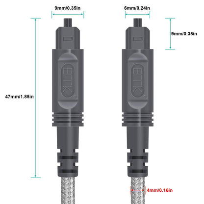 EMK Digital Optical Audio Cable Toslink Cable - [Cotton Braided Jacket,Durable and Flexible] Fiber Optic Cord for Home Theater, Sound bar, TV, PS4, Xbox & More (Grey-10Feet/3M)
