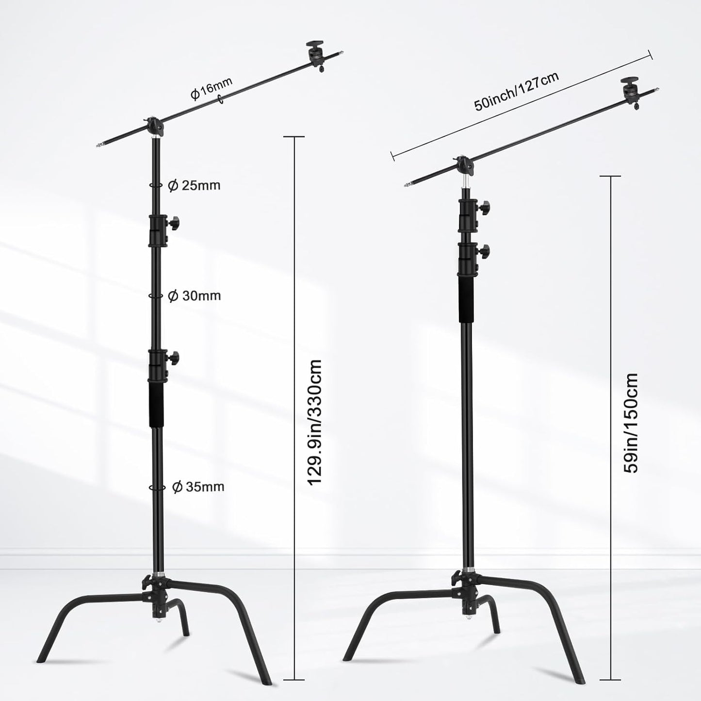 10.8ft/330cm Heavy Duty C Stand Stainless Steel Light Stand with Holding Arm 4.2ft/128cm Carry Bag 44LB/20KG Adjustable Stable for Photography Studio Video Monolight Softbox Shooting