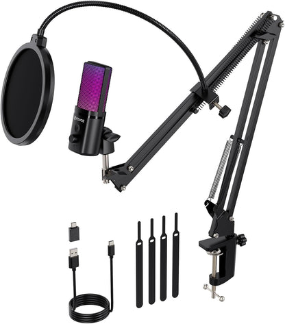 FDUCE Gaming USB Microphone, RGB Condenser mic with Mute, Gain, Monitoring, Boom Arm for Streaming, Podcast, Twitch, YouTube, PC, Computer, PS5, (M160+)