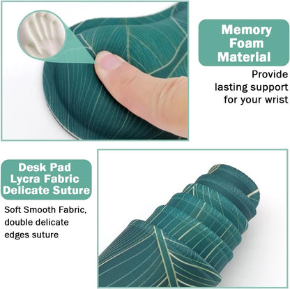 Ergonomic Large Mouse Pad and Keyboard Wrist Rest, Desk Pad for Keyboard and Mouse, 4-in-1 Large Gaming Mouse Pad with Wrist Support for Home Office Study Game-Green Leaves