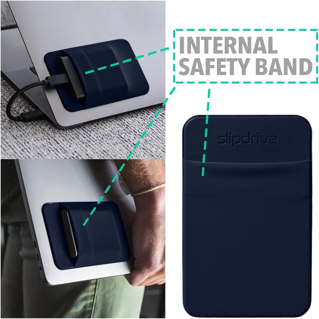 Slipdrive - Portable Hard Drive Sleeve for Laptop - SSD Solid State Drive - Reusable Adhesive - 5” x 3.2” Stick on External Hard Drive Carrying Case - Travel Pocket Pouch (Small, Navy Blue)