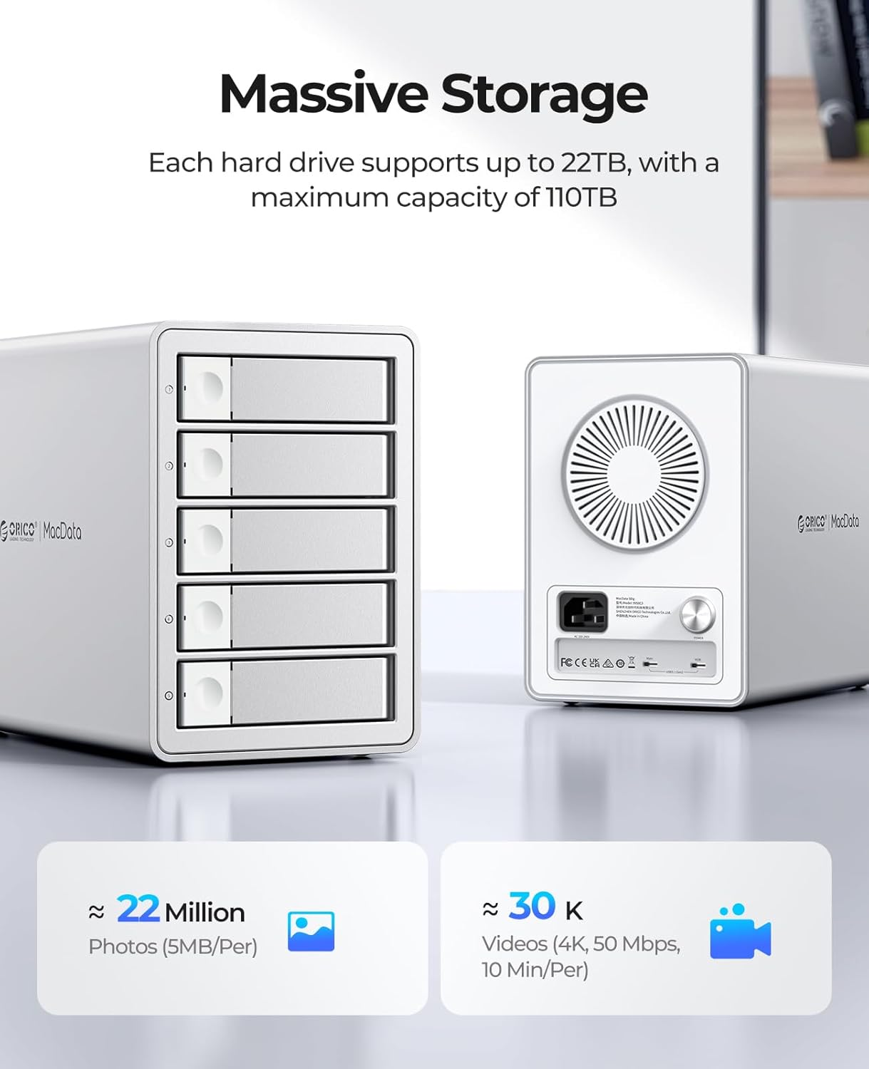 ORICO Daisy-Chain 5-Bay Hard Drive Enclosure External USB 3.2 Gen 2 Aluminum Das Enclosure Support 22TB and Expansion Max Up to 330TB for 3.5-inchs HDD -9958C3