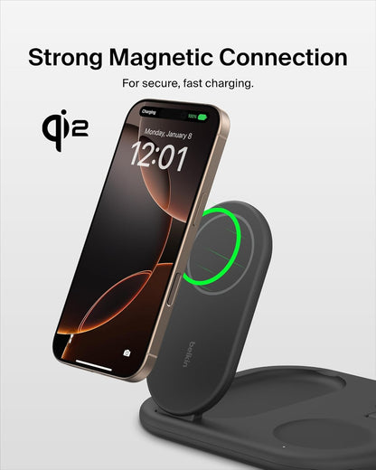 Belkin 3-in-1 MagSafe-Compatible iPhone Charger - Foldable Magnetic Qi2 Certified, MagSafe Charging Station for Phone, Apple Watch, AirPods - Wireless for Multiple Devices