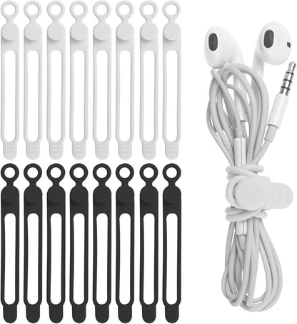Nearockle 16Pcs 4.2" Silicone Cable Ties Cord Organizer for Cable Management, Reusable Cable Organizer Electronic Accessories in Home,Office,Kitchen,School,Travel(Black*8 & White*8)