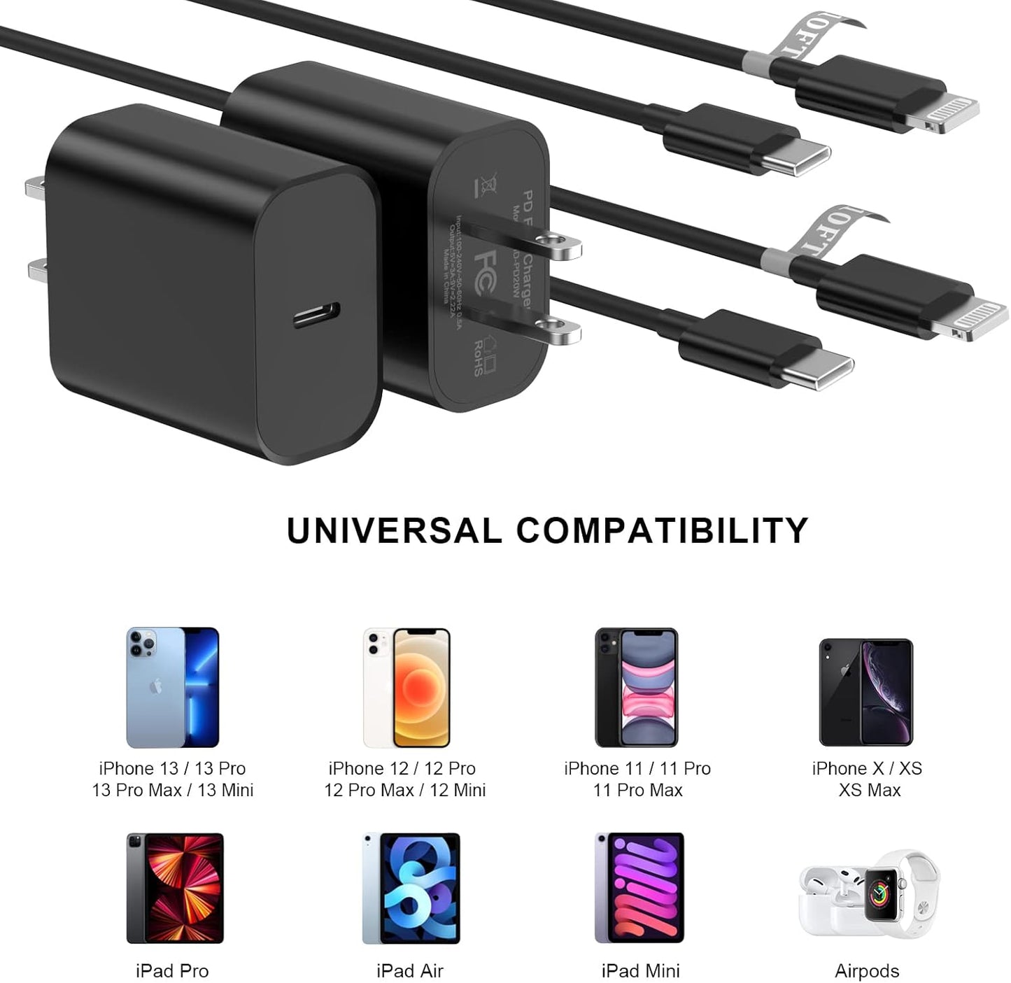 Matsusho iPhone Charger Fast Charging 10 FT, 2 Pack 20W USB C Wall Charger Block with 10FT Long Type C to Lightning Fast Charging Data Sync Cable Compatible for iPhone 14 13 12 11 Pro Max XS XR X iPad