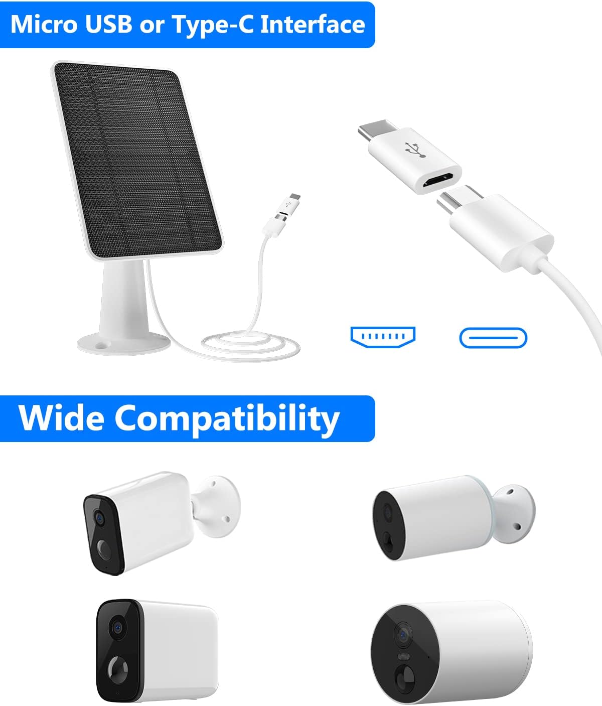 Solar Panel for Security Camera, 5W USB Solar Panel for DC 5V Security Camera, Micro USB & USB-C Port Solar Panel, IP65 Waterproof Solar Charger for Camera,360° Adjustable Mounting 13ft Cable, 4 Pack