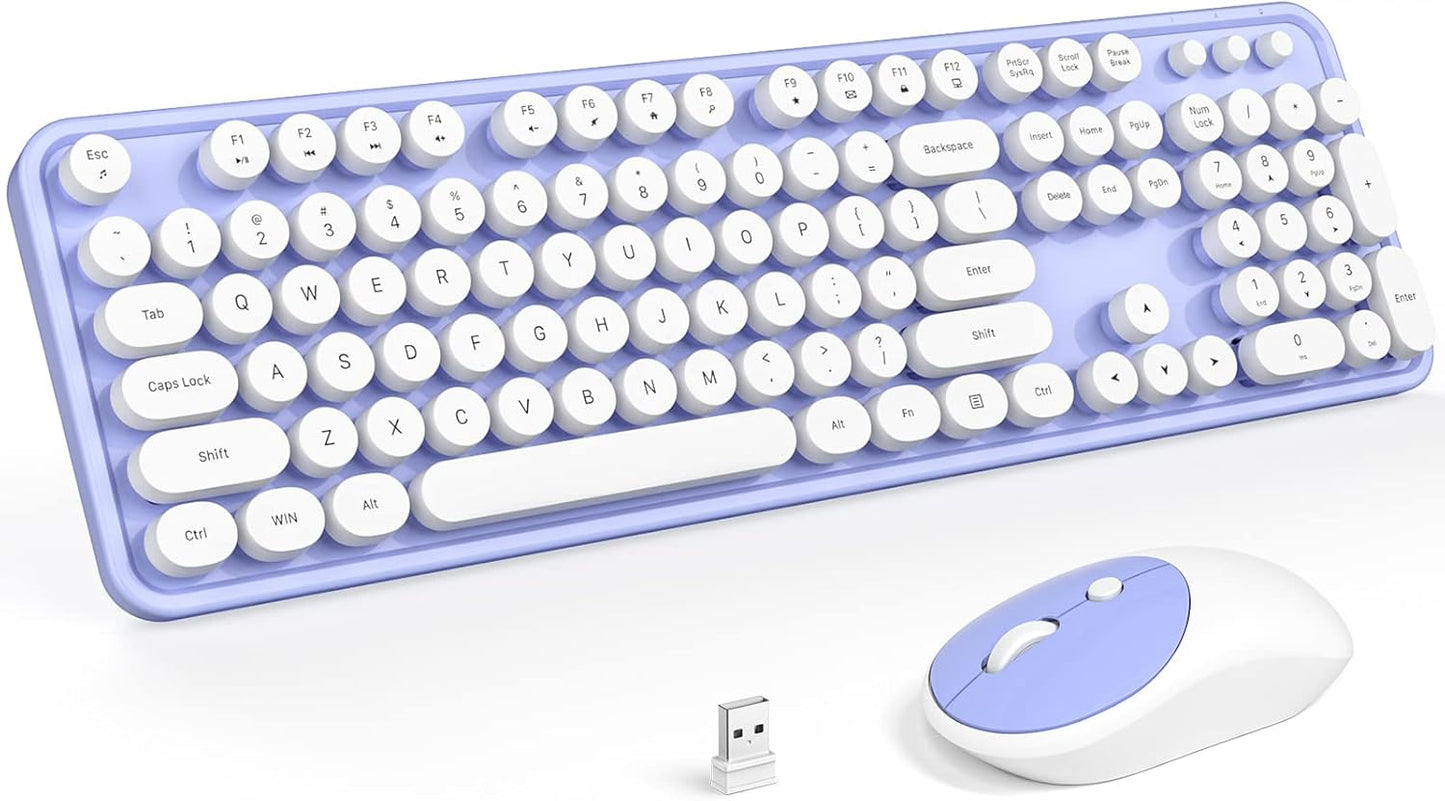 KNOWSQT Wireless Keyboard and Mouse Combo - White-Purple Full-Sized 2.4 GHz 104 Keys Typewriter Cute Keyboard, Round Keycap and Optical Mouse for Windows, Computer, PC, Laptop, Desktop