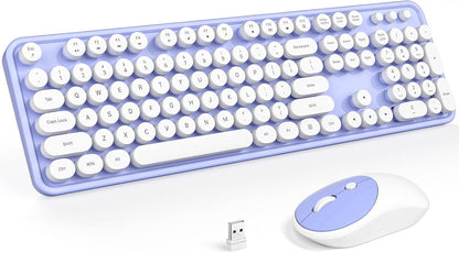 KNOWSQT Wireless Keyboard and Mouse Combo - White-Purple Full-Sized 2.4 GHz 104 Keys Typewriter Cute Keyboard, Round Keycap and Optical Mouse for Windows, Computer, PC, Laptop, Desktop