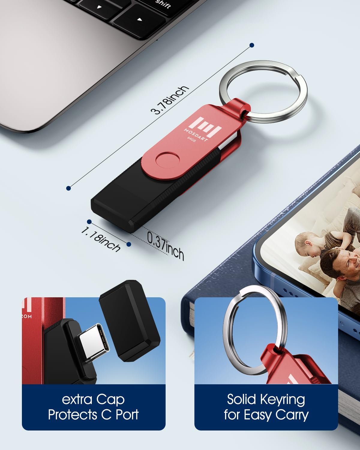 MOSDART 64GB USB3.1 Fast Speed C and A Dual Flash Drive, exFAT Memory Stick with Keychain and LED Indicator, for iPhone 15 and 16, Android Phone, iPad, MacBook, and Other Laptops, Red